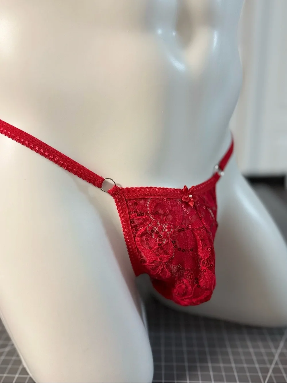 Red Lace Men’s Pouch Thong - Sheer Lace Trim
